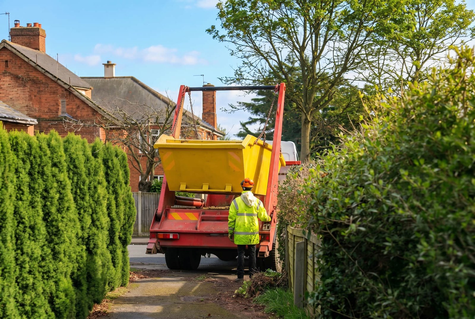 Services man with skip landscape fine